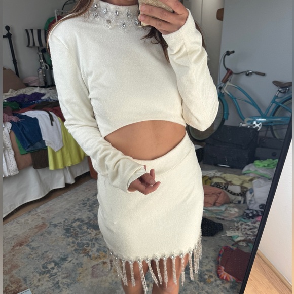 PatBO Hand Crystal Beaded High Neck Long Sleeve Mini Dress - Picture 15 of 16